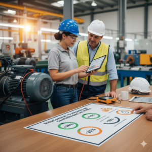 Consultores industriais analisando dados de performance de máquina em um tablet, foco em confiabilidade e eficiência.