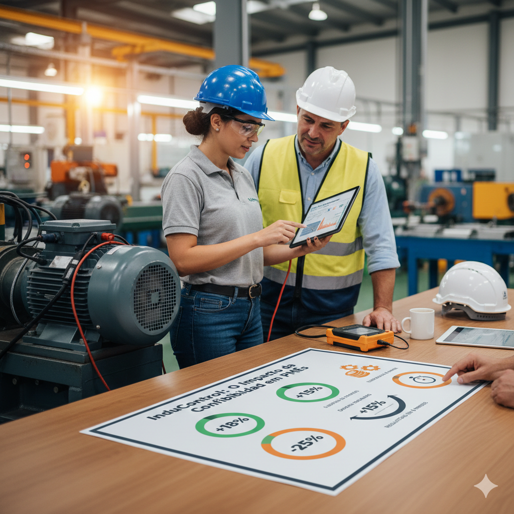 Consultores industriais analisando dados de performance de máquina em um tablet, foco em confiabilidade e eficiência.
